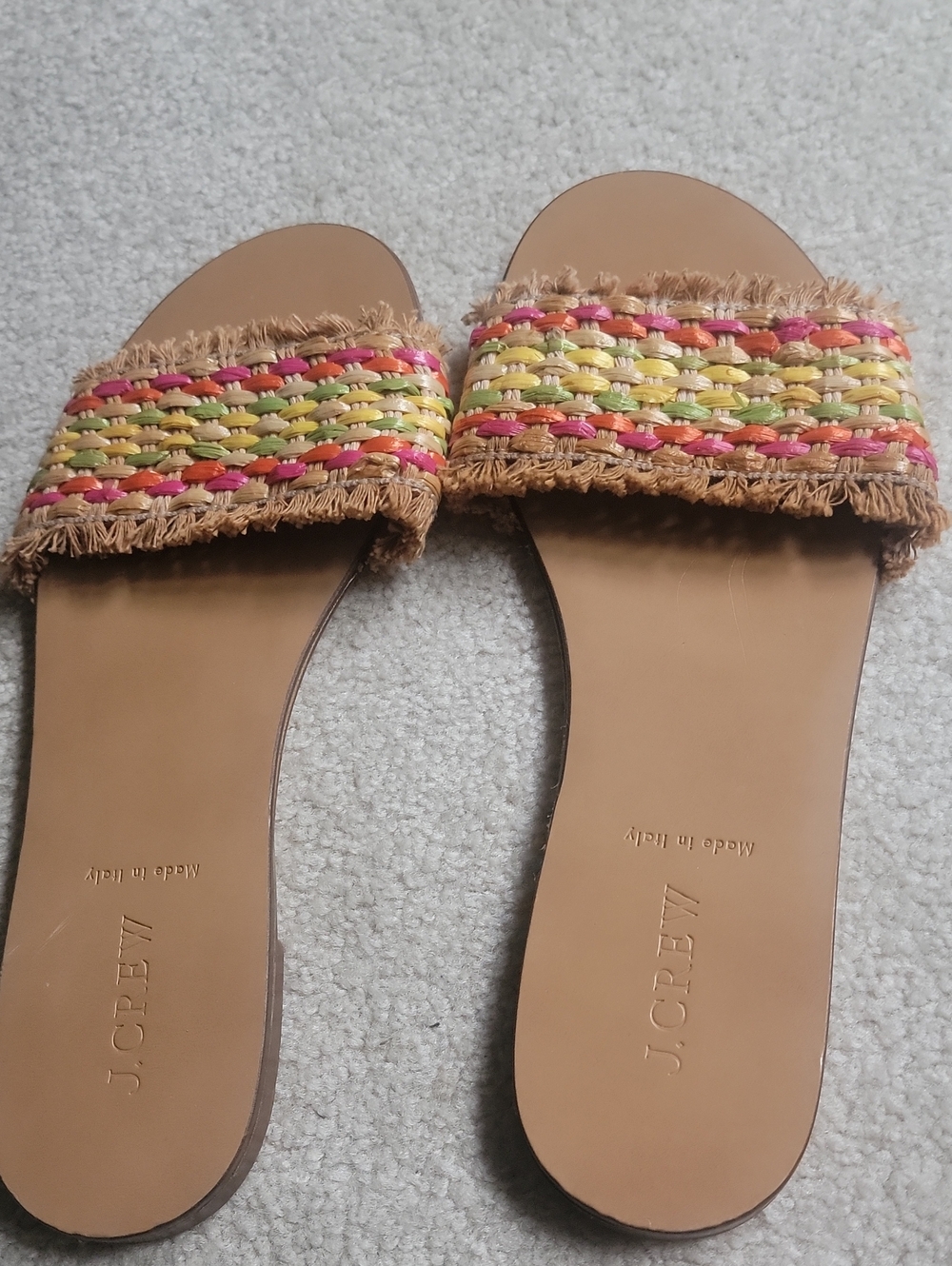 J. Crew Tan Leather Slides with Multicolor Woven Raffia Strap